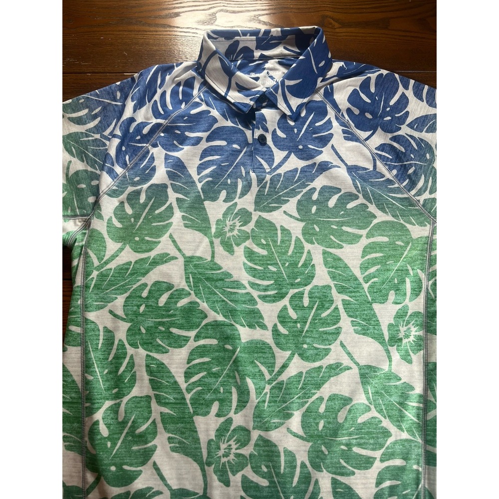 Tommy Bahama IslandZone Short Sleeve Polo Mens L Blue/Green Ombre Floral Hawaii